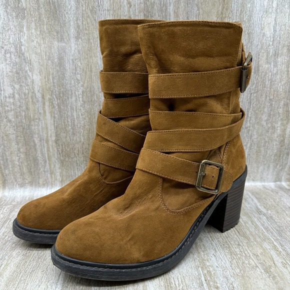 American Eagle Boots Womens 8.5 Suede Leather Moto Harness Slouch Biker Mid Calf - Picture 1 of 10